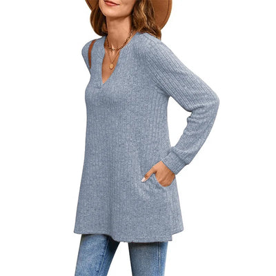 Long Knit Sleeve Solid Side Slit Loose Top With Pockets