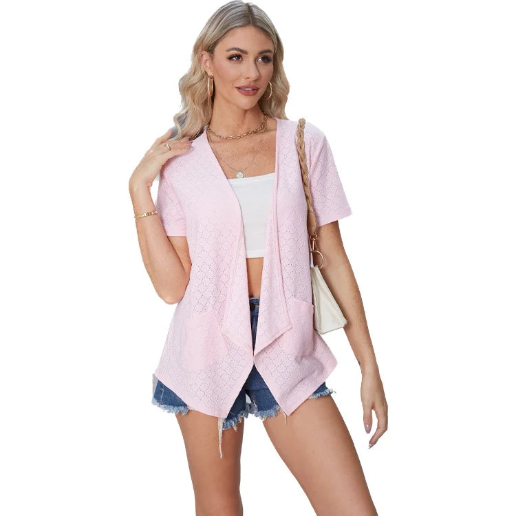 Pop Style Women’s Plain Eyelet Short Sleeved Loose Casual Pocket Cardigan