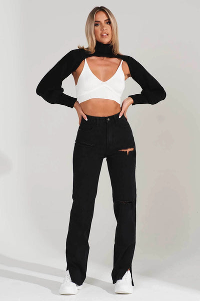 Hipster Straight Leg Jean Pants with Slit