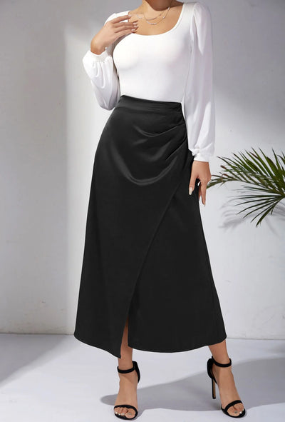 High Waisted Satin Pile Pleated Slit Long Skirt Solid Color Skirt Zipper Fishtail Hip Skirt