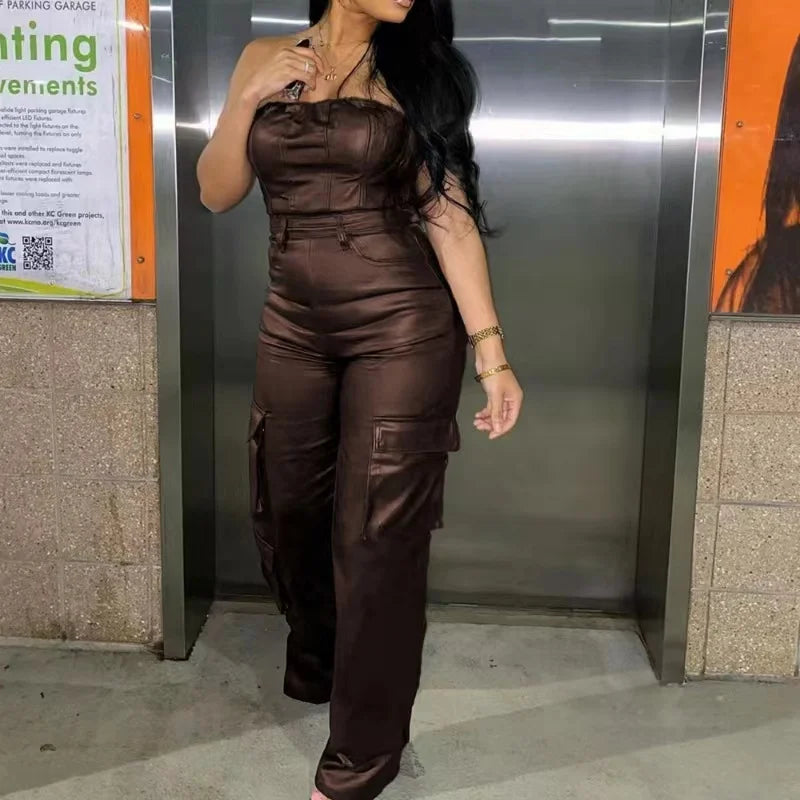 Sexy Off The Shoulder Bandeau Skinny Waist PU Leather Jumpsuit