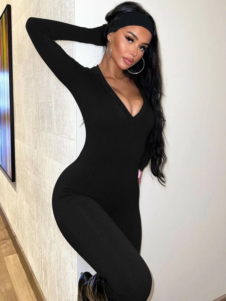 Versatility Women’s Small Pit Strip V-Neck Long Sleeved Jumpsuit High Waisted Skinny Hip Hugging Jumpsuit