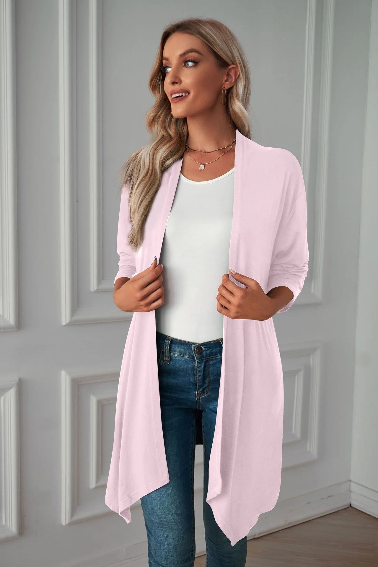 Pure Color Long Sleeved Cardigan Coat Long Blouse Woman