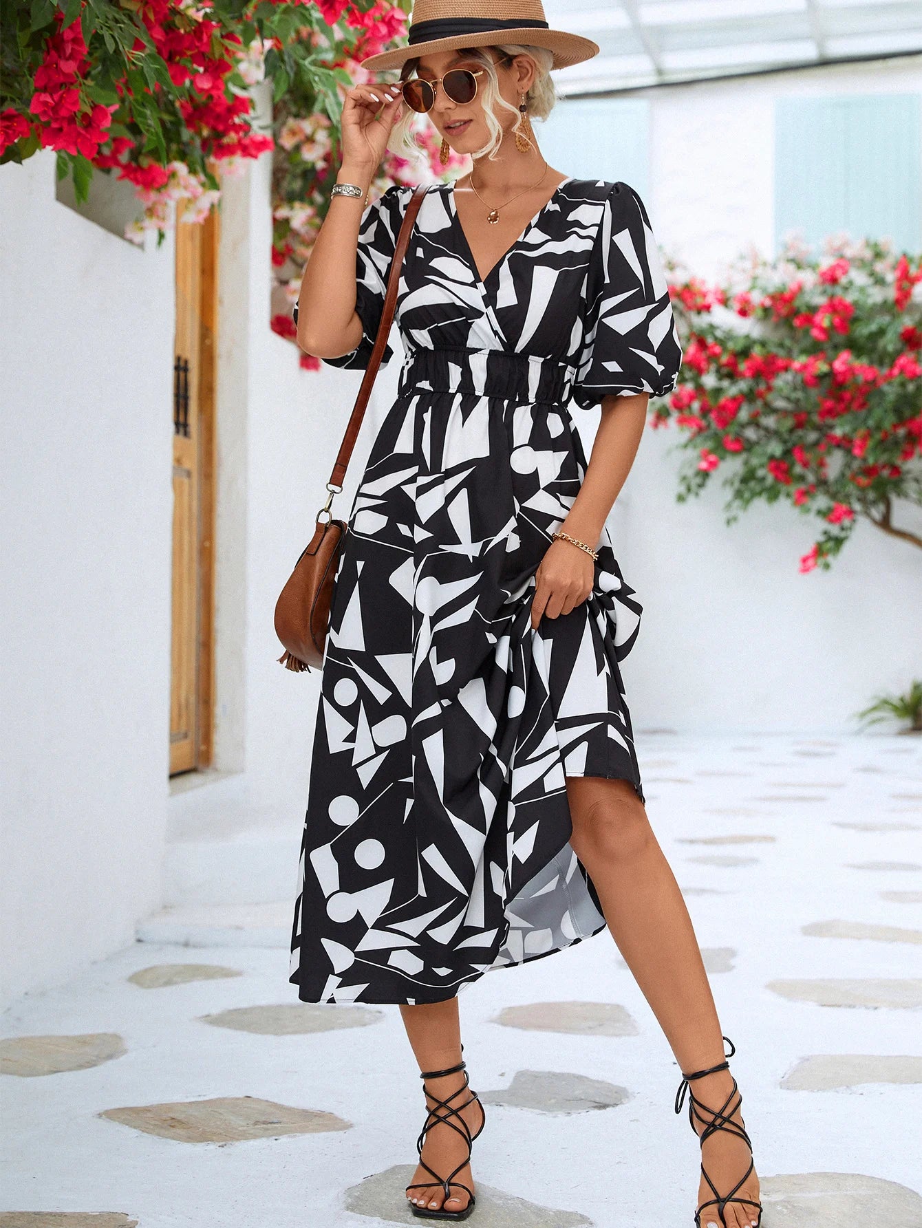 V Neck Puff Sleeve Dress