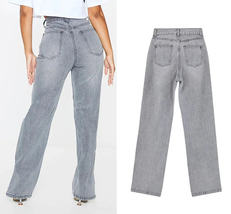 Hipster Straight Leg Jean Pants with Slit