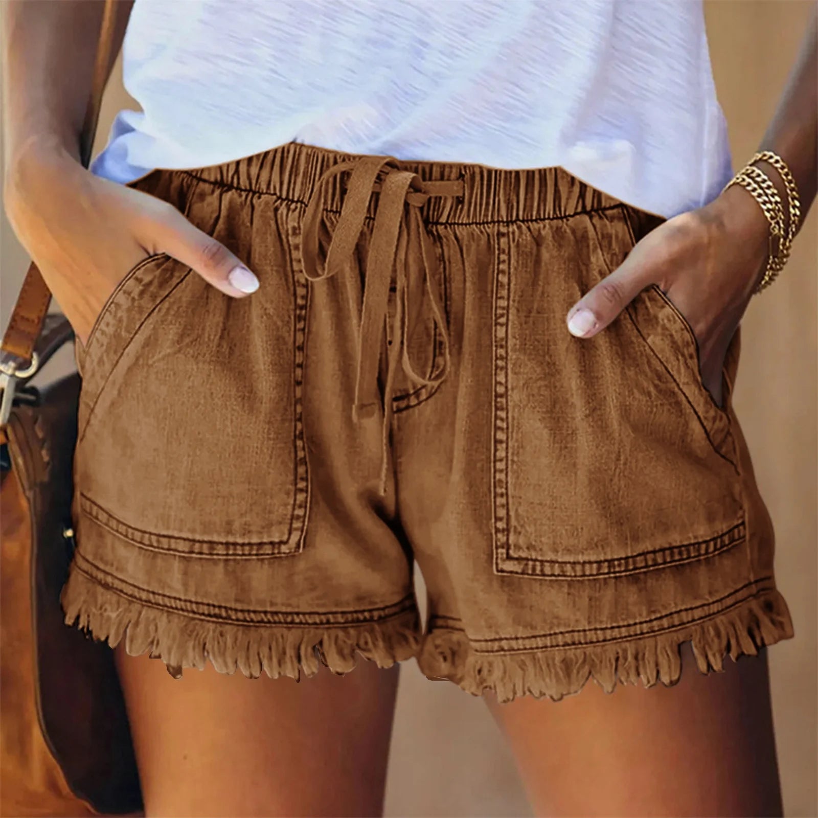 High Waist Skinny Shorts With Drawstring And Elastic Waist