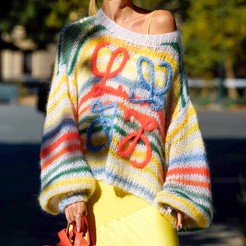 Colorful Striped Contrasting Sweater Loose Fitting Pullover Sweater