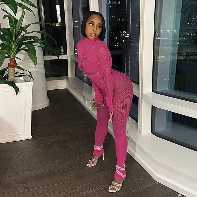 New Mesh Stitching Hot Diamond See Through Sexy Tight Hip Lift Jumpsuit