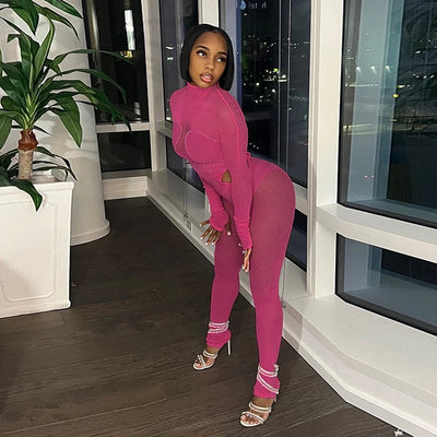 New Mesh Stitching Hot Diamond See Through Sexy Tight Hip Lift Jumpsuit