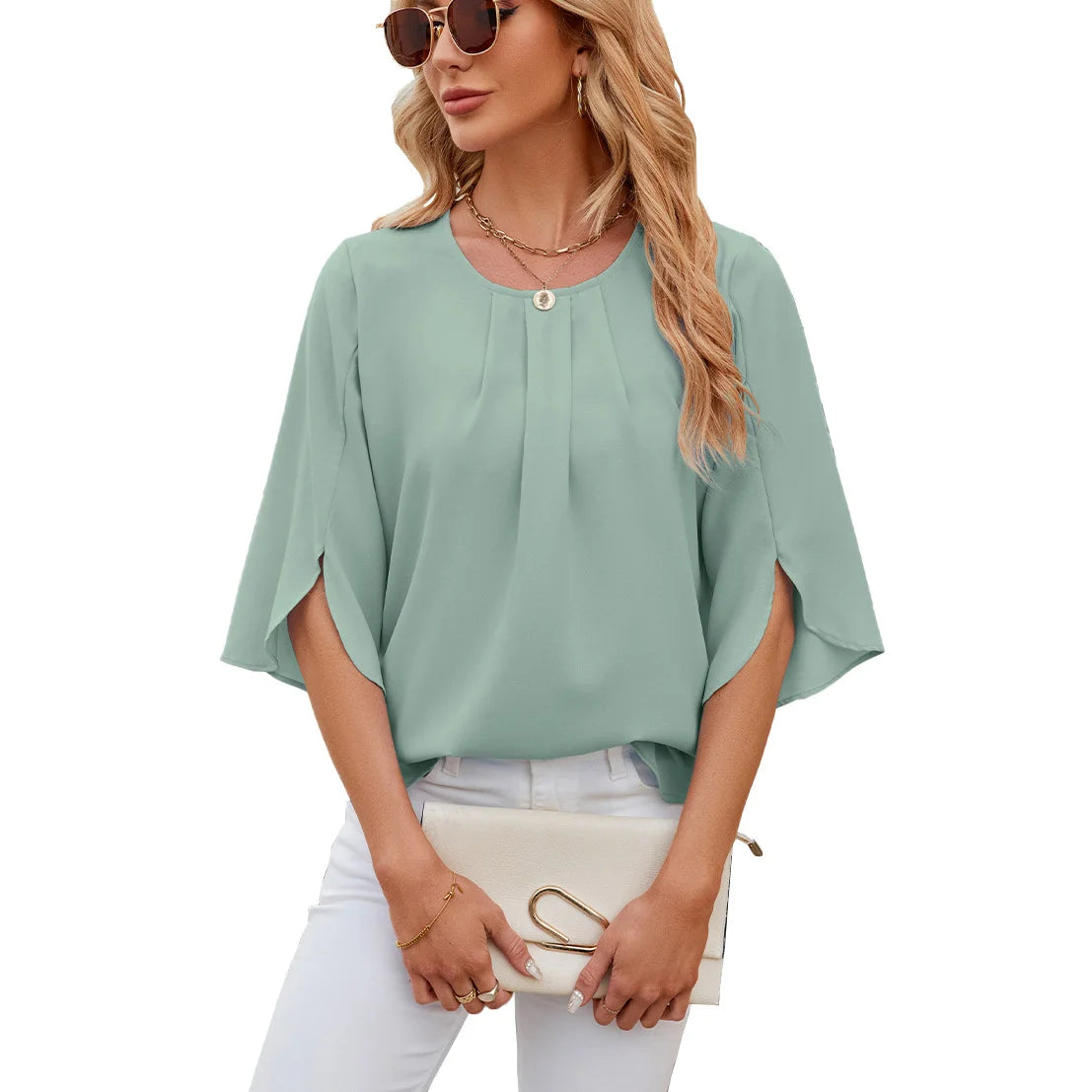 Solid Color Round Collar Five Short Sleeved Loose Chiffon Blouse