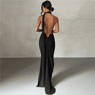 Summer Sexy Backless Halterneck Wrap Hip Slim Evening Dress Women