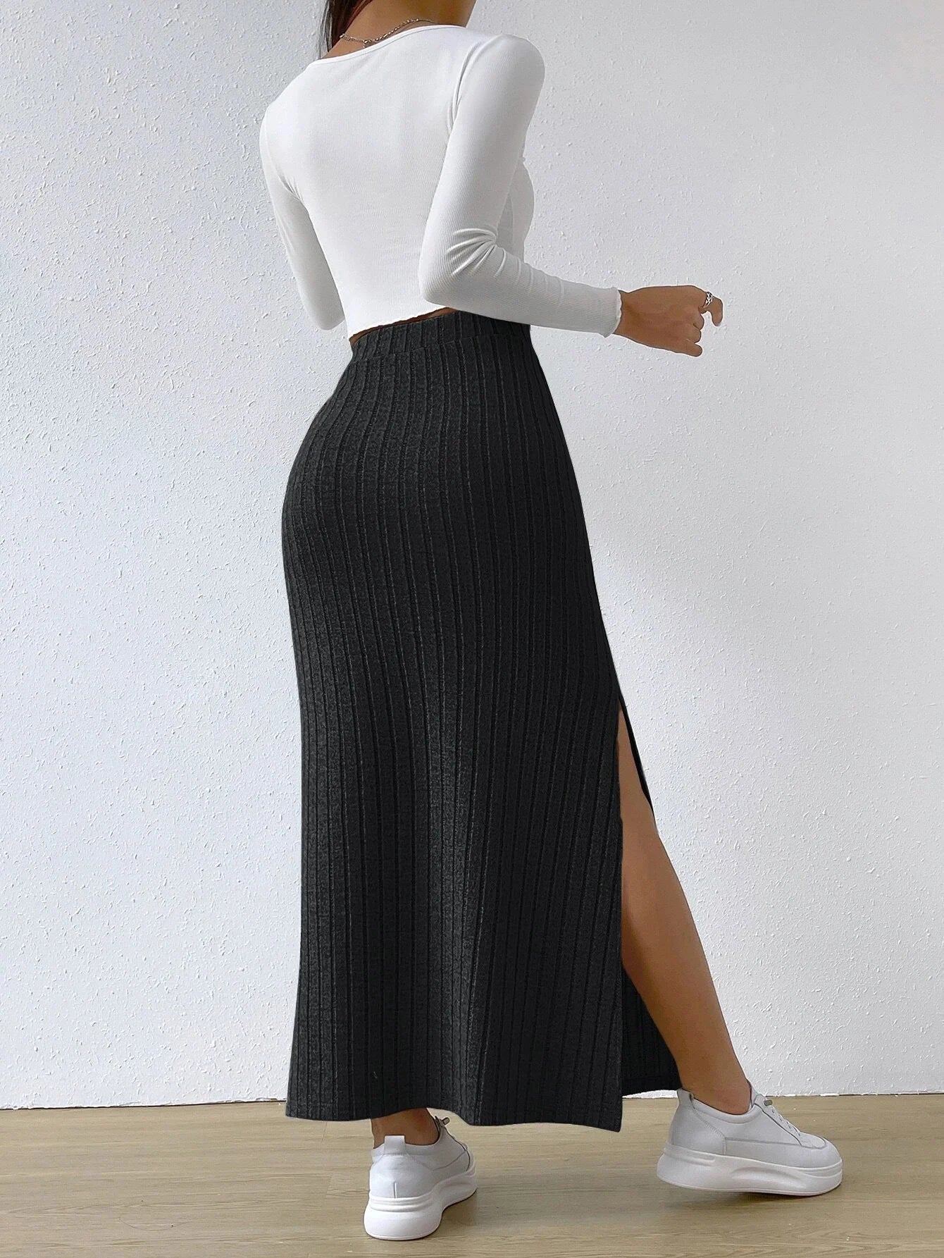 High Waisted Side Slit Slim Knit Skirt Women’s