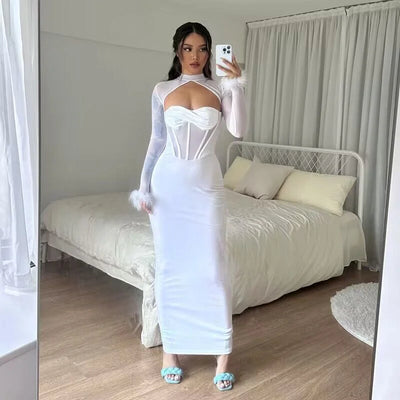 New Plush Mesh Patchwork Nightclub Style Cut Out Maxi Dress Slim Fit