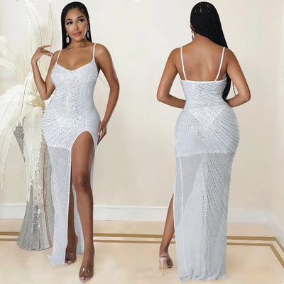 Mesh Perspective Irregular Split Long Dress