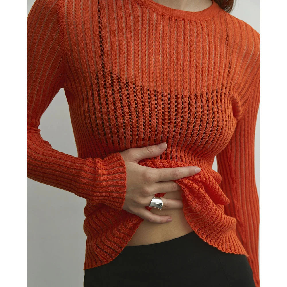 Sexy Slim Wool Round Necked Long Sleeved Thin Pit Stripe Sweater