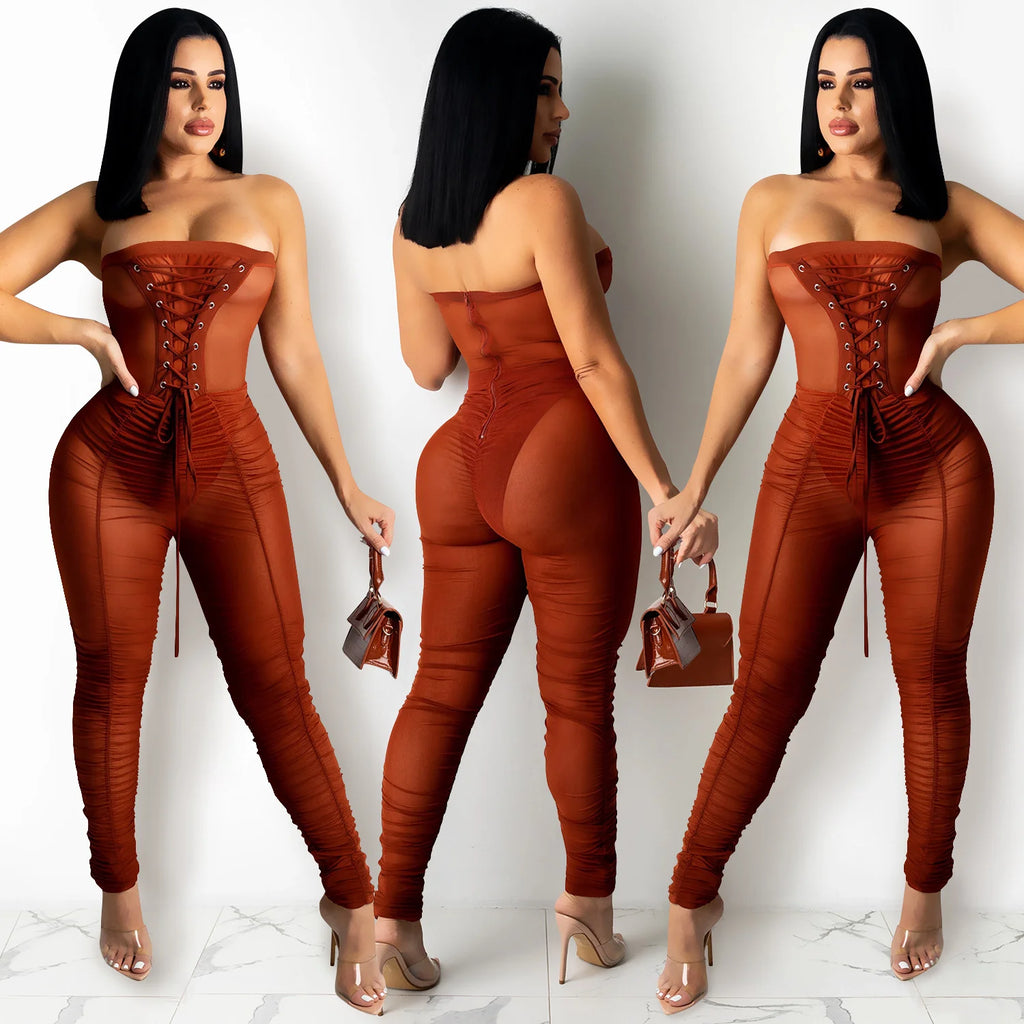 Jumpsuit With Sexy Perspective Wrapped With Long Pants