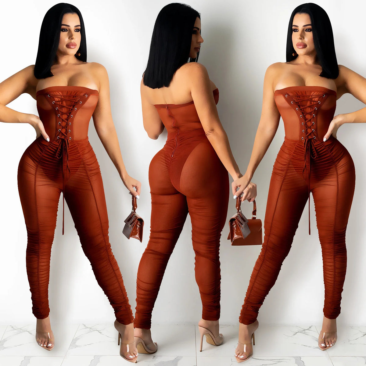 Jumpsuit With Sexy Perspective Wrapped With Long Pants