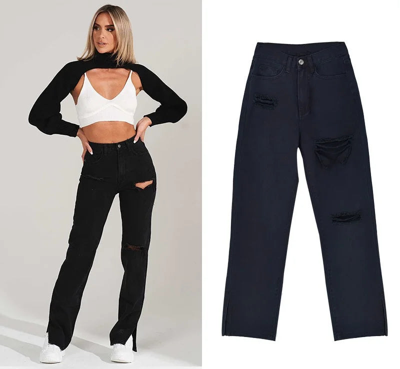 Hipster Straight Leg Jean Pants with Slit