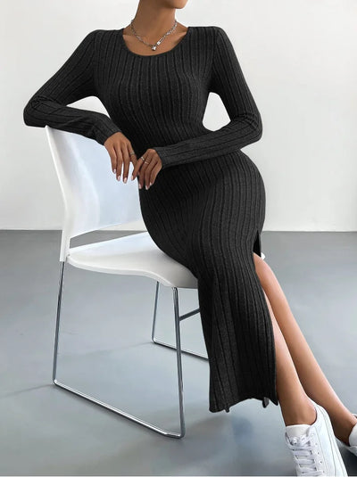 Long Sleeve Round Neck Slit Knitted Maxi Dress
