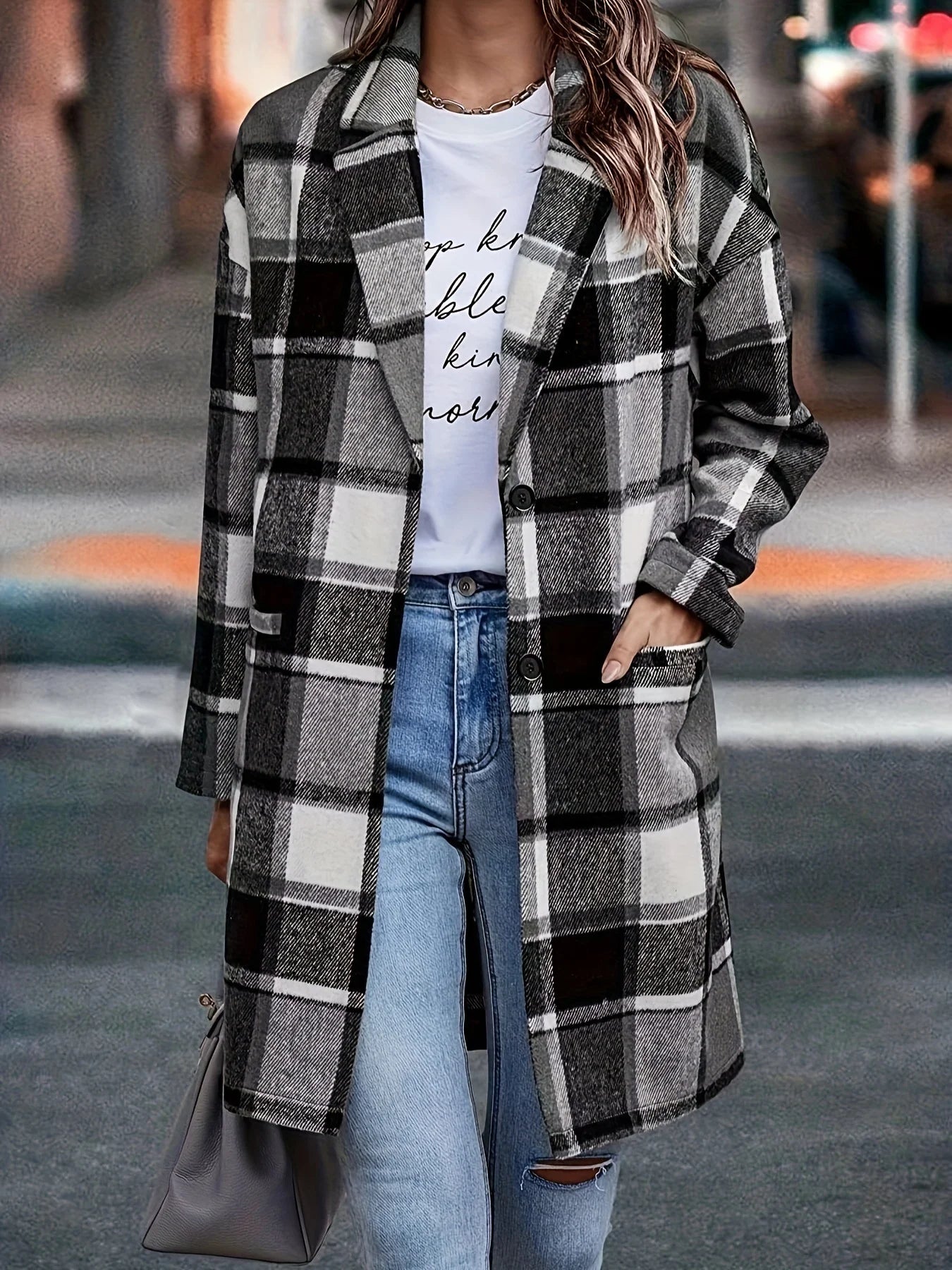 Suede Coat Sanded Plaid Mid Length Coat With Pocket