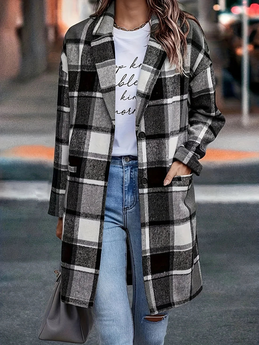 Suede Coat Sanded Plaid Mid Length Coat With Pocket