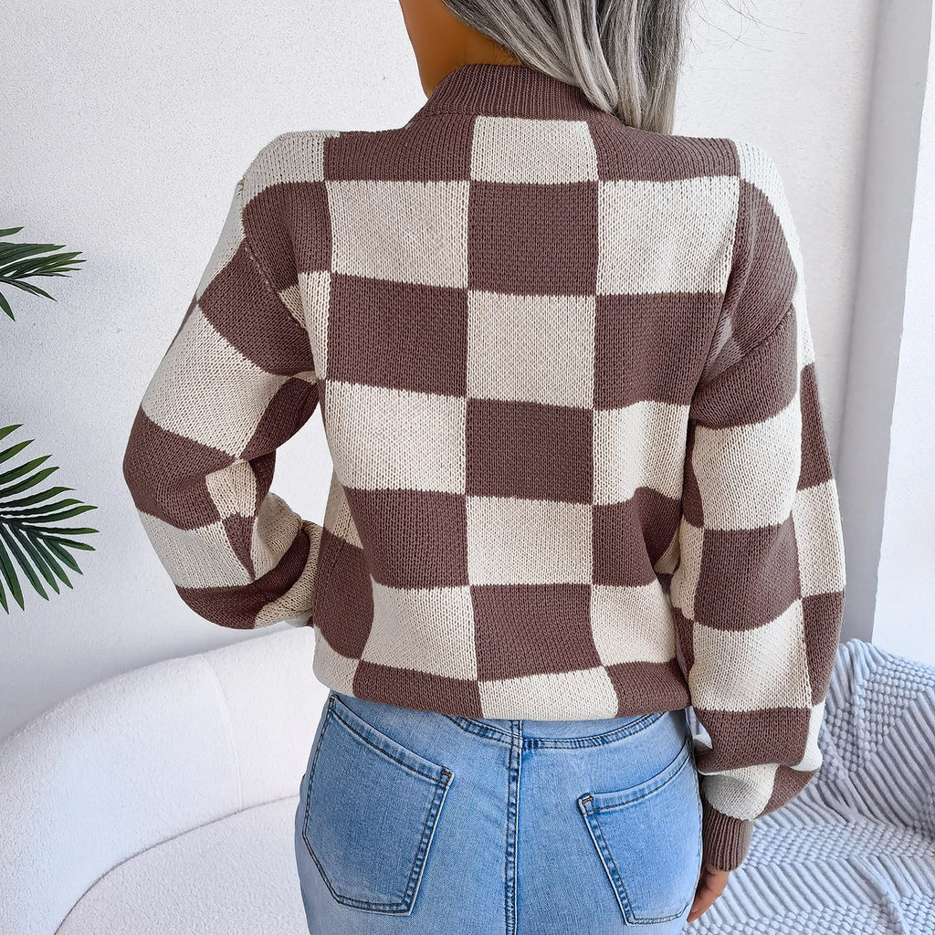 Streetwear Contrasting Plaid Long Sleeved Pullover Knit Sweater