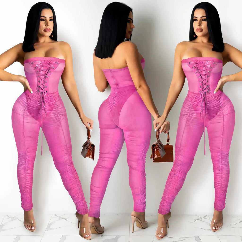 Jumpsuit With Sexy Perspective Wrapped With Long Pants