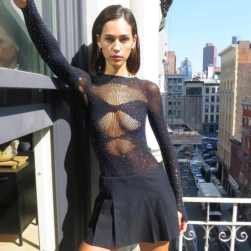 Transparent Elastic Jumpsuit With Diamonds