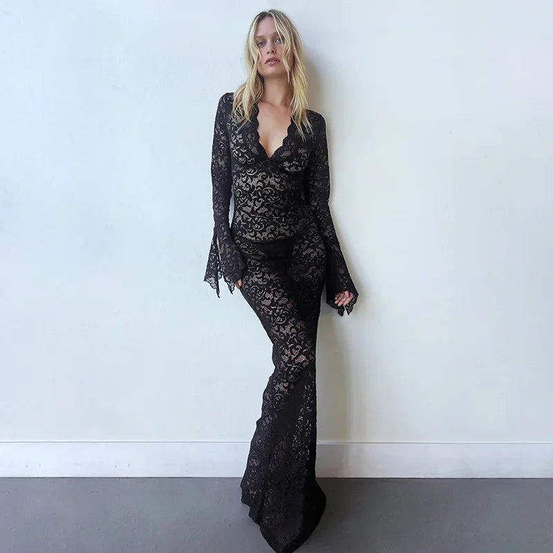 Transparent Long Sleeve V-Neck Dress