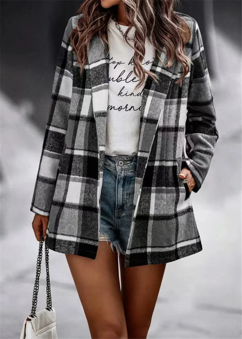 Loose Check Print On Long Sleeve Pocket Woolen Cardigan