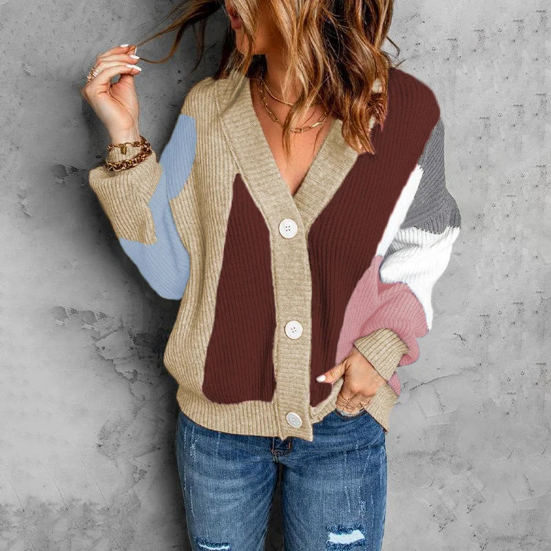 Button Blocking Color Cardigan Sweater Jacket
