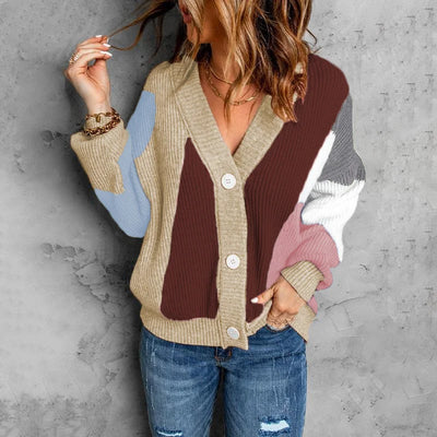 Button Blocking Color Cardigan Sweater Jacket