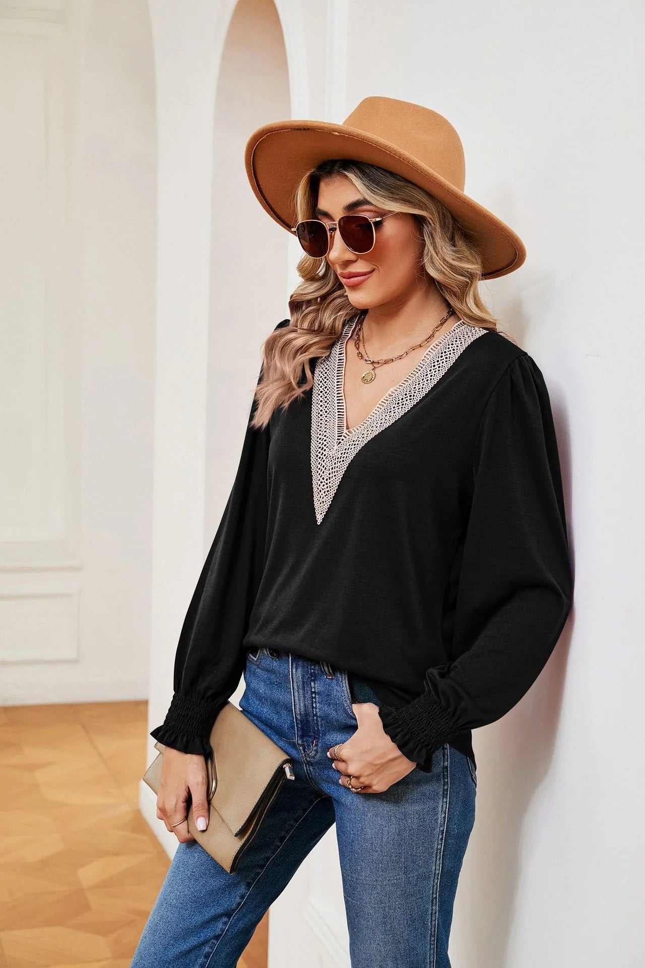 Lace Stitching Long Sleeve Loose Blouse