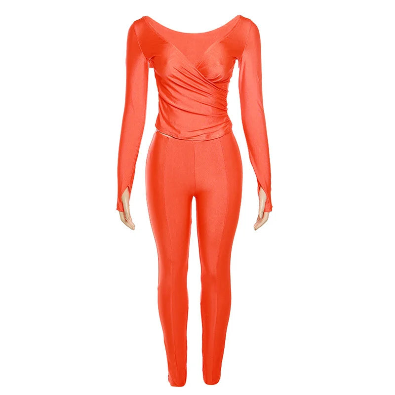 Sexy Off The Shoulder V Neck High Waisted Tight Pants Casual Sports Suit