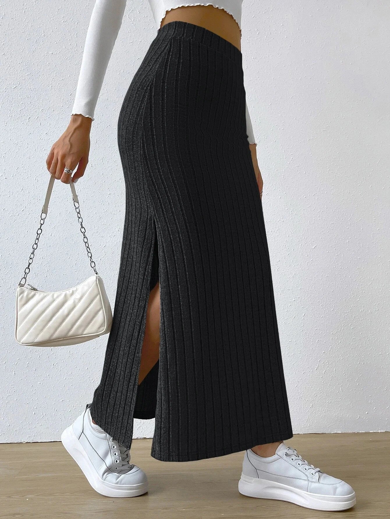 High Waisted Side Slit Slim Knit Skirt Women’s