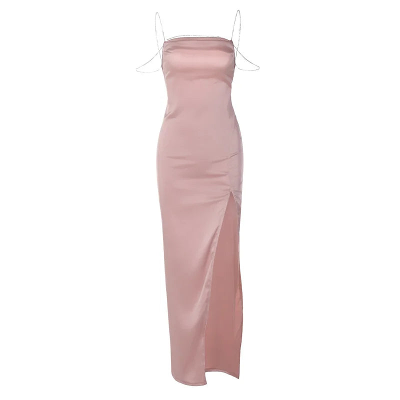 Fashion Sexy Slit Open Back Diamond Chain Slip Dress