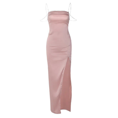 Fashion Sexy Slit Open Back Diamond Chain Slip Dress