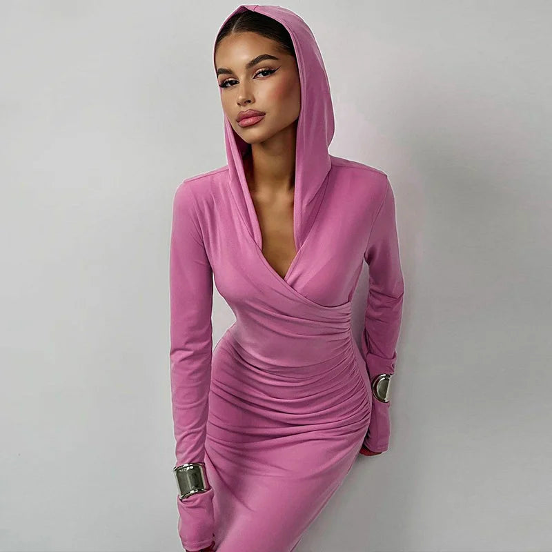 Slim Fit Hooded Athleisure Solid Color Dress