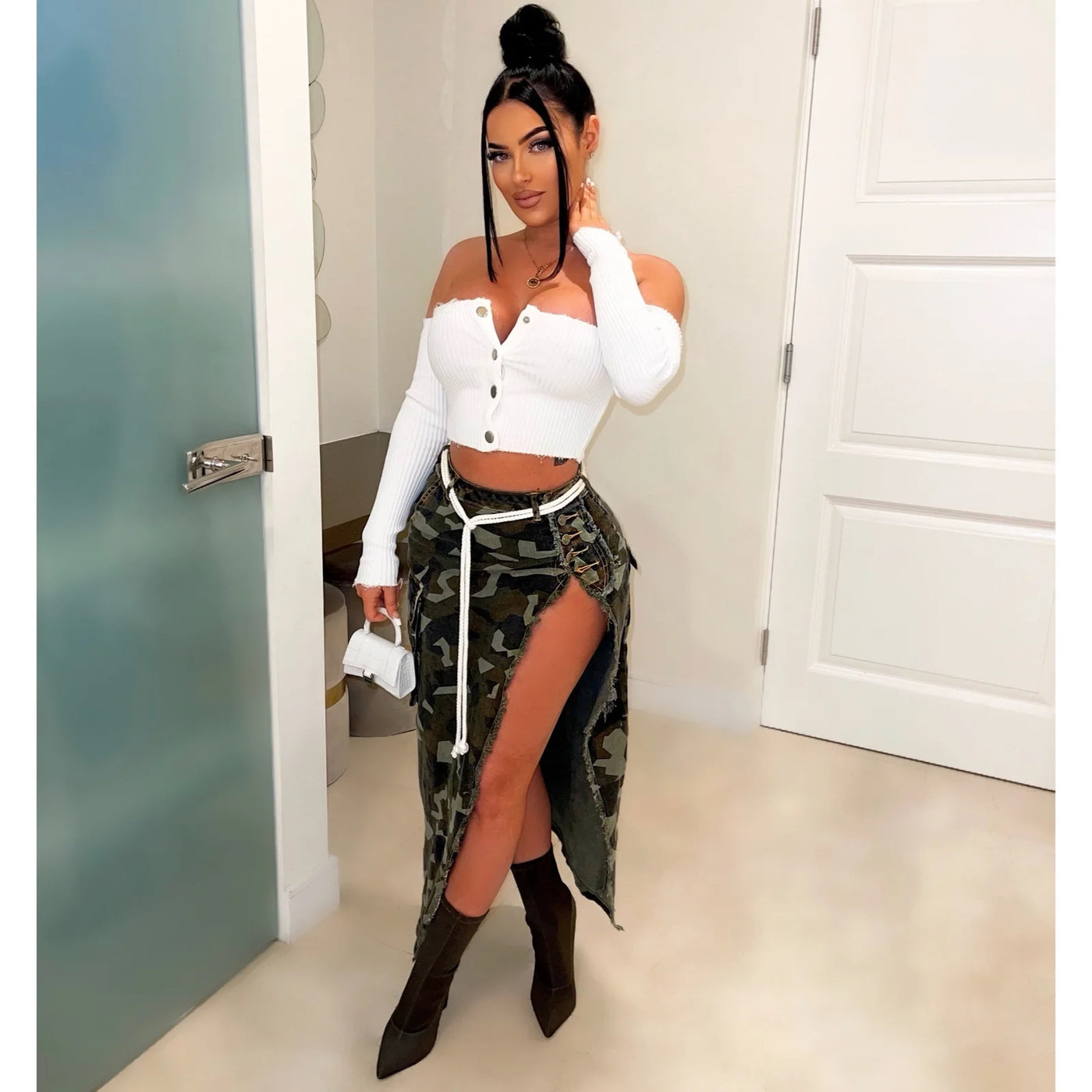 Split Tassel Skirt With Pockets In Camouflage Wash