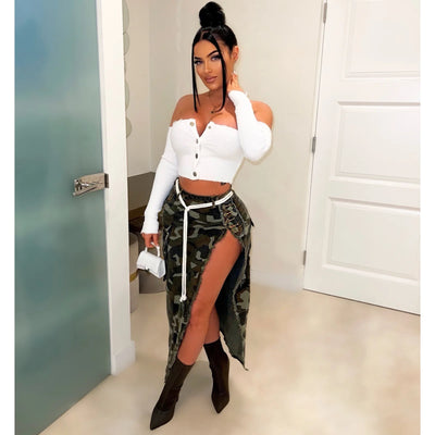 Split Tassel Skirt With Pockets In Camouflage Wash