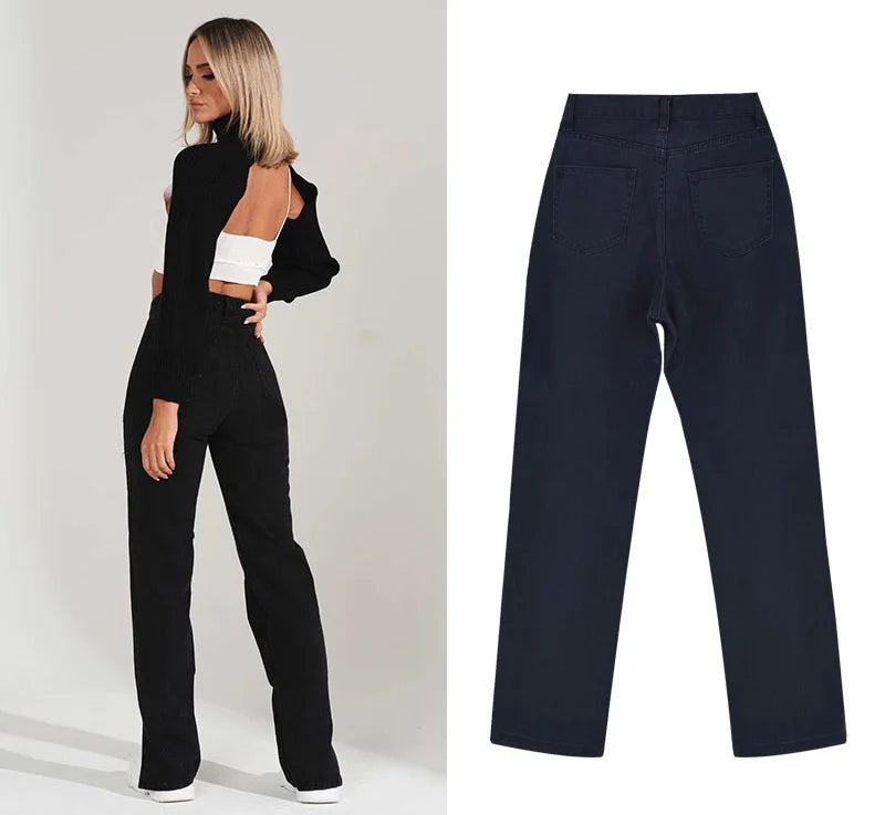 Hipster Straight Leg Jean Pants with Slit