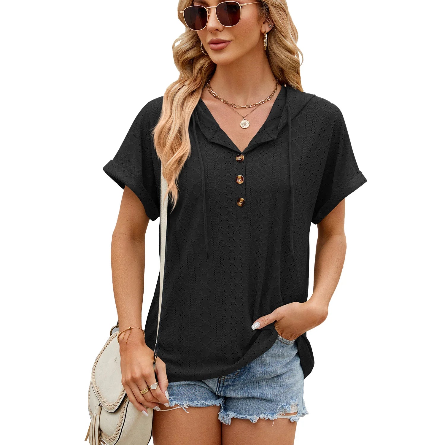 Loose Short Sleeve Button Down Blouse