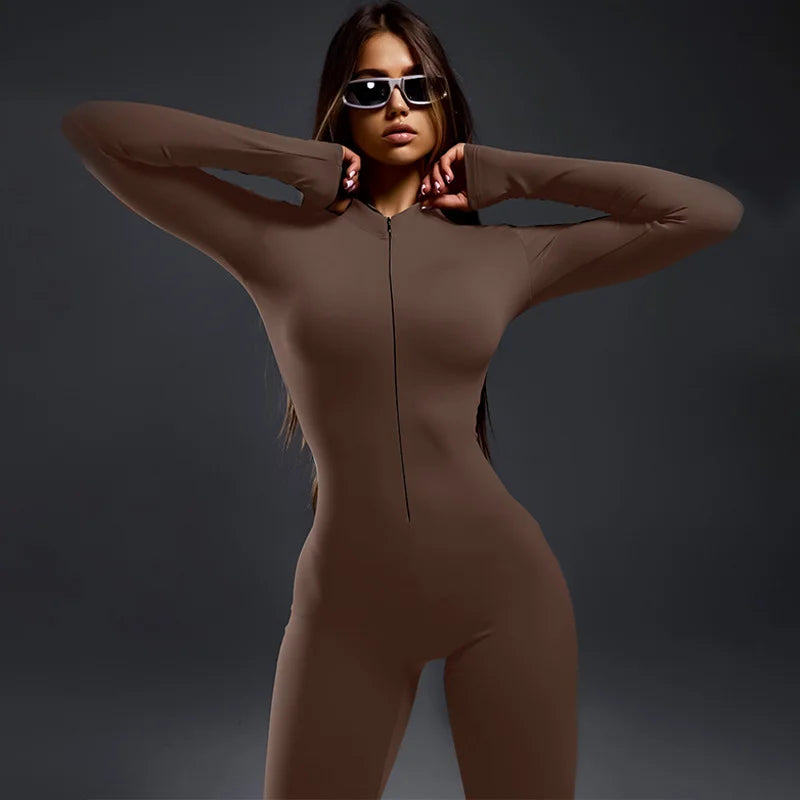Solid Color Skinny Zipper Sports Yoga Jumpsuit
