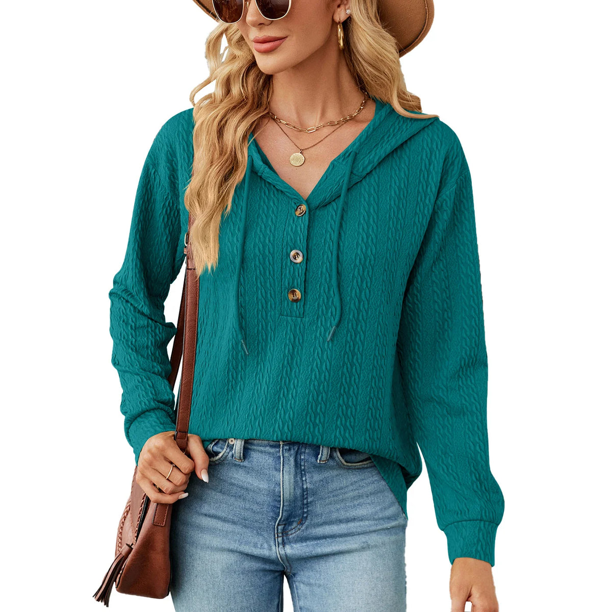 Pure Color Hooded Button Loose Long Sleeved Sweater Ladies