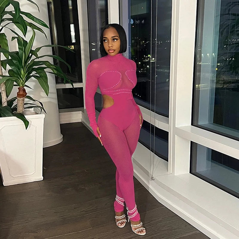 New Mesh Stitching Hot Diamond See Through Sexy Tight Hip Lift Jumpsuit
