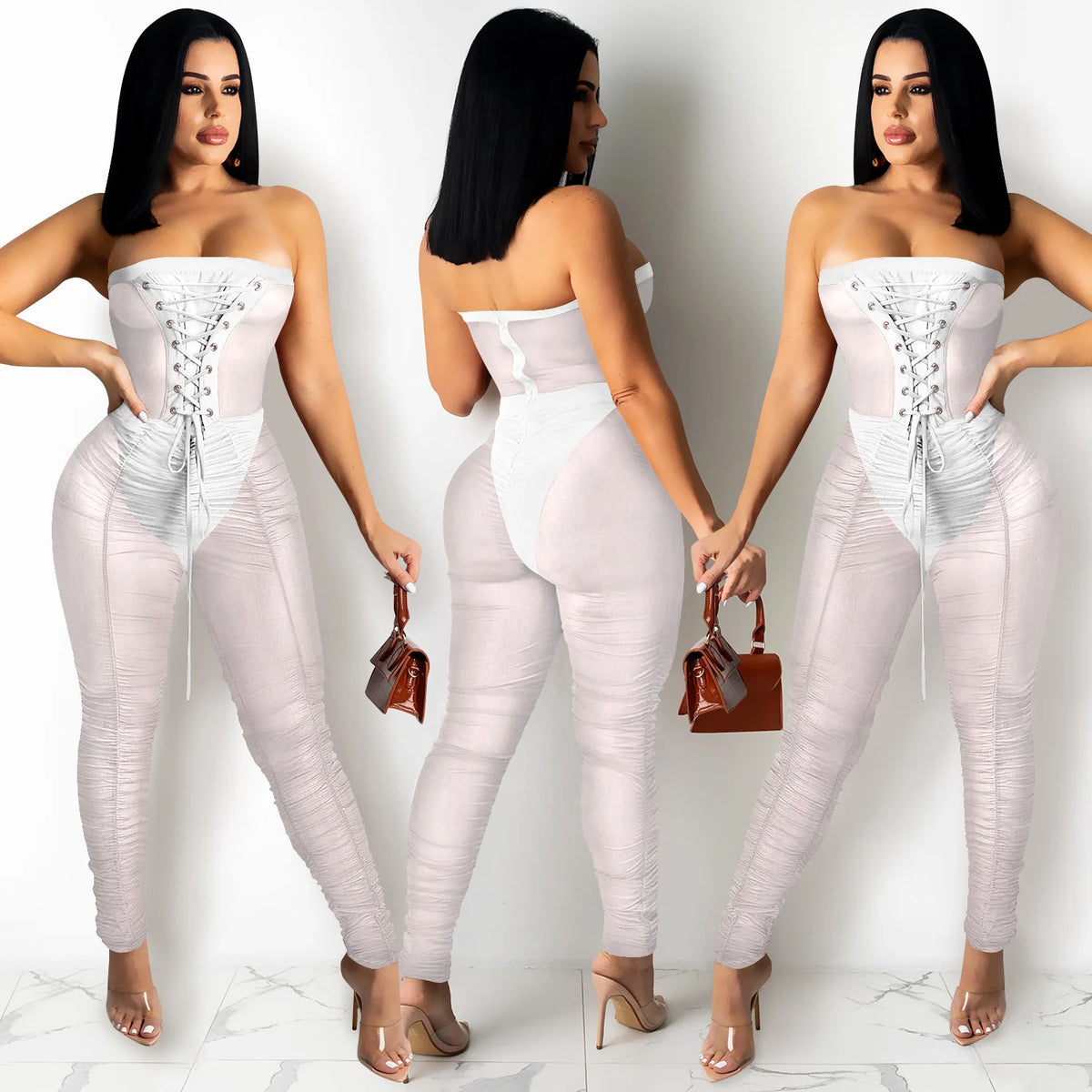 Jumpsuit With Sexy Perspective Wrapped With Long Pants