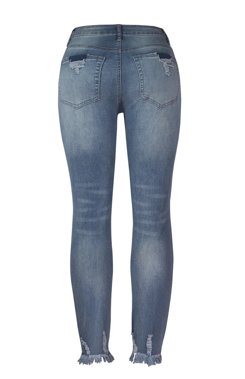 Washed Frayed Tassel Jeans Slim High Stretch Small Leg Trousers