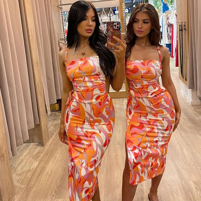 Fashion Print Backless Tie Slim Slip Dress