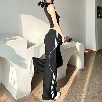 Solid Color Loose Street Fashion High Waisted Straight Drawstring Slacks