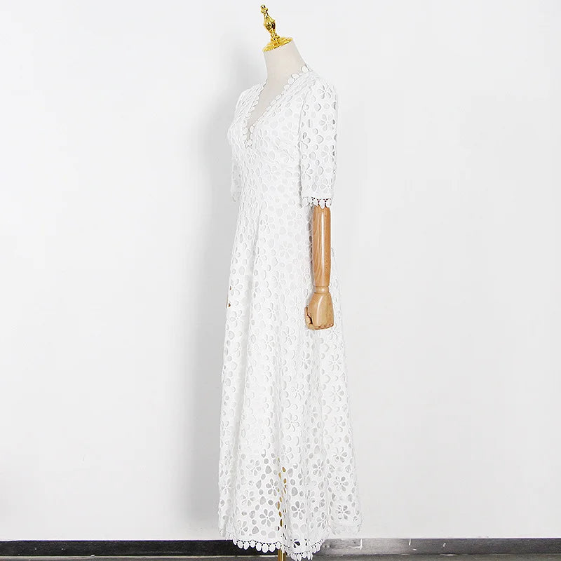 Celebrity Lady Temperament Long Skirt Spring New V Neck Waist Hook Flower Hollow French Solid Color Hem Dress
